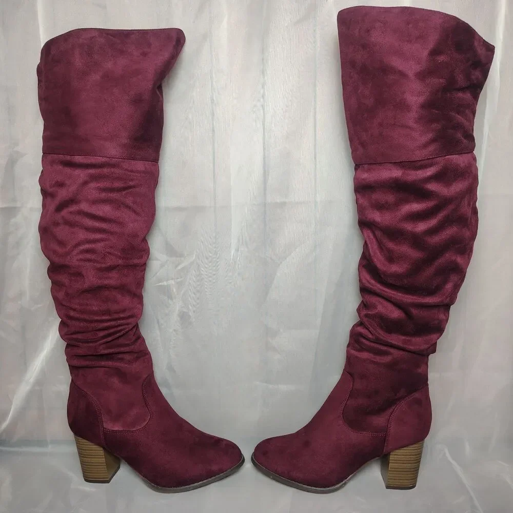 Journee Collection Kaison Wine Faux Suede Over The Knee Slouchy Boot Size WC 10
